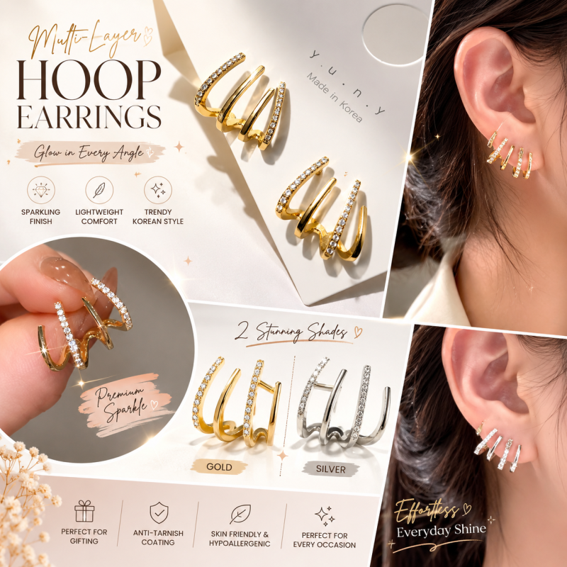 Elegant Multi-Layer Hoop Earrings for Women | Korean Style Sparkling Ear Cuffs | Gold & Silver Finish